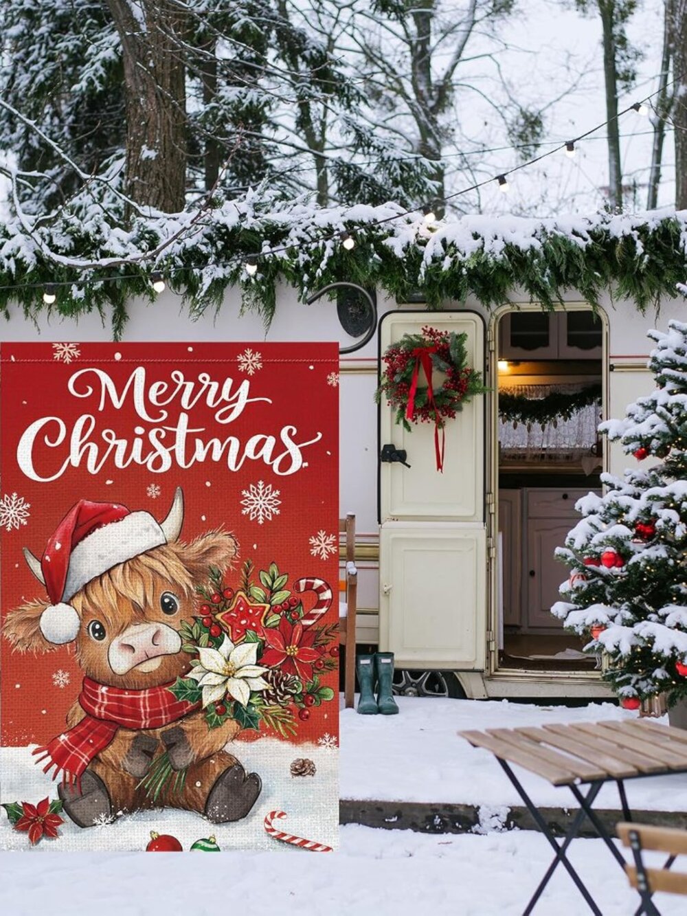Merry Christmas Highland Cow Garden Flag 12x18 Inch Double Sided Burlap, Winter - Picture 7 of 7